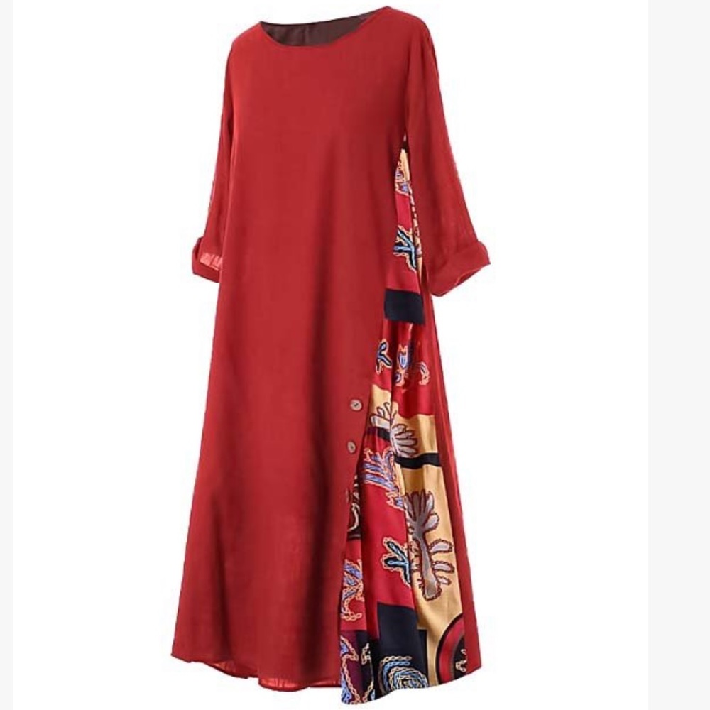 Cellabie Red Side Button Abstract Maxi Dress NWT M